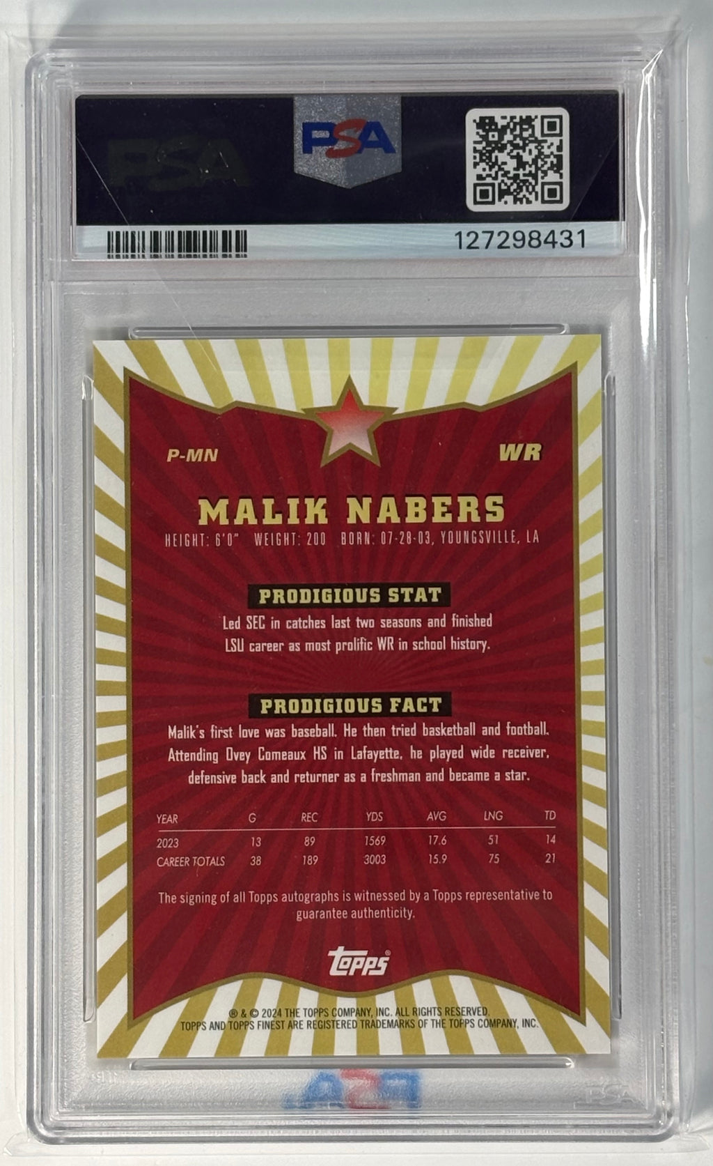 Malik Nabers Rookie Finest Prodigies Oil Spill Jersey number 1/10 PSA 10 Auto 10