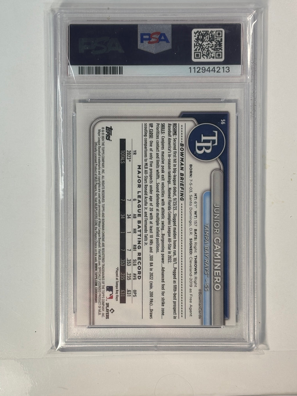 Junior Caminero Bowman Chrome Rookie Blue Refractor /150 PSA 10